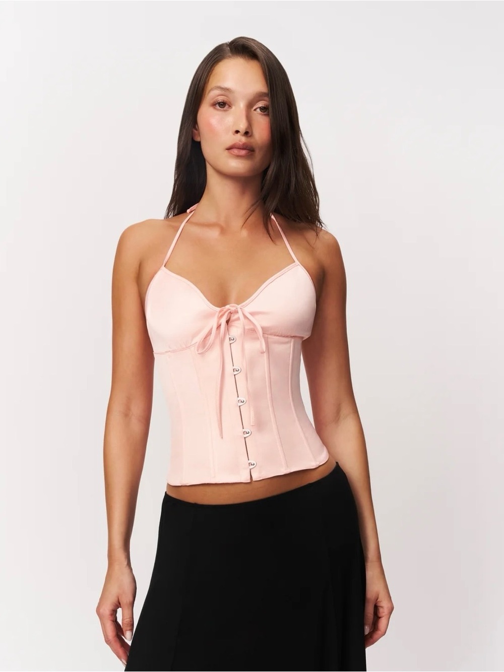 Danielle Guizio Pale Pink Halter Corset Tie-Front Top